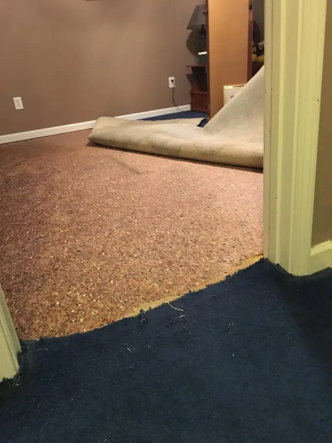 Carpet pad removal revealing water damage during Water Mitigation Services in Reynoldsburg